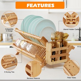 Worthyeah Bamboo Dish Drying Rack, 3-Tier Collapsible Wooden Dish Rack with Utensil Holder, Bamboo Dish Drainer Rack for Kitchen Counter 25pcs