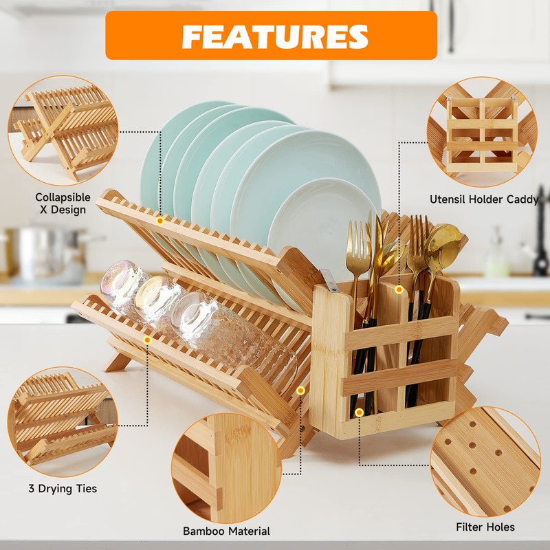 Worthyeah Bamboo Dish Drying Rack, 3-Tier Collapsible Wooden Dish Rack