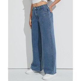 PEIHOT Mid Rise Wide Leg Jeans for Women Loose Front Seam Straight Leg Denim Boyfriend Pants Trendy, Light Blue Large