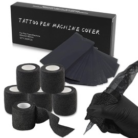 200PCS Tattoo Pen Covers with 4PCS Grip Tape - Combofix Machine Wrap Cover Black Tattoo Pen Bags Pen Sleeves Machine Sleeves with Black Grip Wrap Self-Adherent Tape Plastic Covers