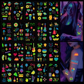 Konsait Fluorescent Tattoos, Music Instrument Blacklight Tattoos, Neon Temporary Tattoos for Glow Party Festivals Makeup, 20 Sheets