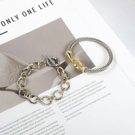 Mytys 2PCS 2-Tone Cable Link Bracelet Set - Statement Chain & Twisted Rope Bangle, Designer Inspired Gold Silver Plated Fashion Jewelry for Women (Gold & Silver 2)