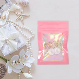 COHEALI 100 Uds. Con Ventana Embalaje Holográfico Paquete De Autosellado Bolsa De Almacenamiento Plástico Para Joyería Baratija Rosa