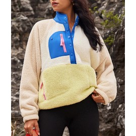 Yanekop Womens Fuzzy Fleece Pullover Sherpa Sweatshirt Long Sleeve Button Down Sweater Jacket with Pockets(Beige Khaki Blue,S)