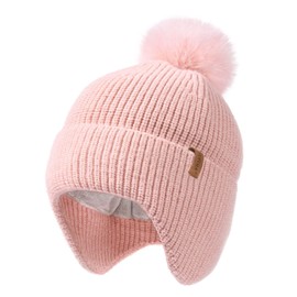 FURTALK Toddler Baby Winter Hat Warm Fleece Lined Knit Kids Hat with Earflap Infant Newborn Pom Beanie Knit Cap Girls Boys Pink