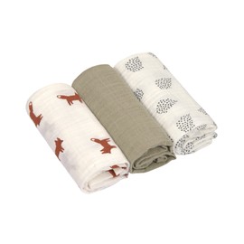 LÄSSIG Baby Swaddling Blanket Burp Blanket Muslin Cloth Set of 3 Cotton 60 x 60 cm Swaddle & Burp Blanket M Little Forest Fox