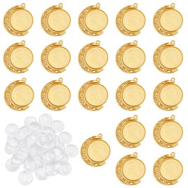 PLIGREAT 20 Pcs Blank Bezel Pendant Trays, Gold Moon Rotation Photo Charms with 40 Pcs Glass Cabochons Double Side Moon Pendants for DIY Jewelry Making Resin Photo Graduation Decor
