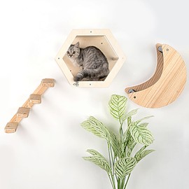 3-Piece Cat Wall Furniture Set - Hammock, Hexagon House, Climbing Steps - Wall Mounted Shelves, Perches, and Beds - Modern Design for Large Cats and Kittens & Spare Hammock Fabric Included