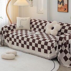 ALIECOM Boho Sofa Covers Washable Reversible Chenille Couch Covers Loveseat Covers with Tassel L Shaped Couch Cover Sectional Slipcovers Furniture Protector (Check Coffee and White, 91x95 Inch)