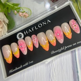 -Press -on -Nail Handmade 3D Gel Flowers with Rhinestones -Fake Nails, False Tip For Women Girls Full Cover Short & Medium Almond Nails, Quick & Easy (Yellow Pink 3D Flower 9#, Size M)