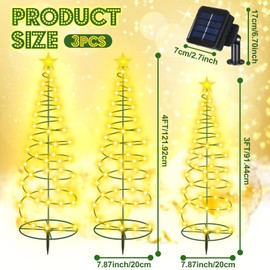 VIHOSE 3 Pcs Solar Spiral Christmas Tree Outdoor LED Light with Warm White Lights, 8 Modes, One 3 ft and Two 4 ft Light up Xmas Pathway Markers Indoor Holiday Christmas Decoration Lamp