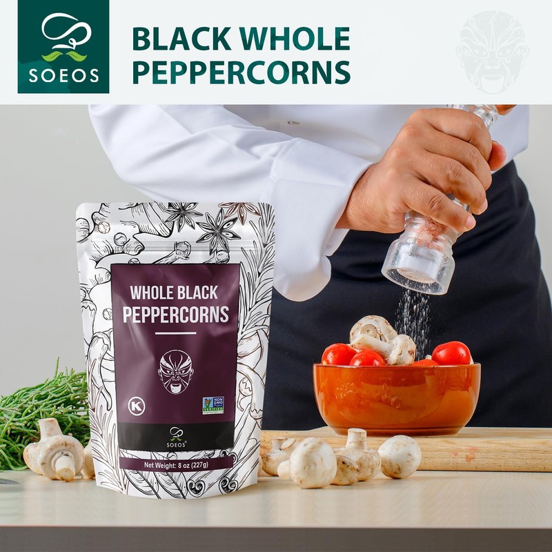 Soeos Black Peppercorns, 8oz (Pack of 1), Non-GMO, Kosher, Packed