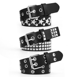 SNCEAW 3 Pcs Studded Belt Y2K Metal Goth Punk Rock Rivet Belt with Bright Pyramid Studded for Women Men (Silver+Star+Double Holes, Fit Pant 31-36 inch)