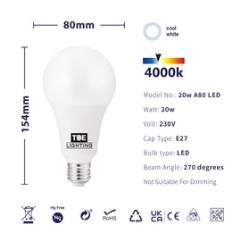 TBE LIGHTING 20W LED A80 Bulb - E27 Standard Screw Fitting, 150w Equivalent Non-Dimmable Energy Saving LED A80 Bulb, 1800 Lumen Output, 20,000Hrs Life Expectancy (4000K Cool White)