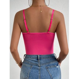 Milumia Women's Floral Lace Sheer Mesh Corset Bodysuit Spaghetti Strap Cami Top, Hot Pink, Medium