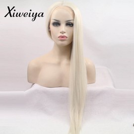 Xiweiya natural look light blonde silky straight wig with parting glueless synthetic lace front wigs heat resistant fiber