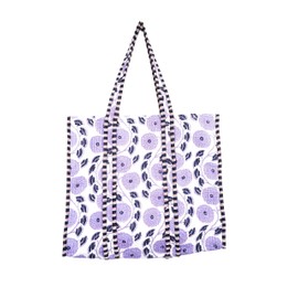 Quilted Cotton Handprinted Reversible Large multicolor Floral Tote Bag,Hand Block Print Shopping Shoulder Carry Bag, Bluepurple_tote Bag, Large