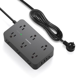 Black Flat Extension Cord 10 Ft, Power Strip Surge Protector with 12 Outlets 4 USB Ports(2 USB C), 1800J, Wall Mount, Desk Charging Station for Office Home College Dorm Room Essentials