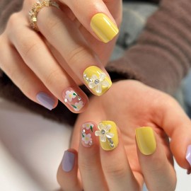 SRIMNUYY Glue on Nails Short Square Press on Nails Purple and Yellow Full Cover Fake Nails Press ons 3D Flower Rhinestones Design Acryilc Nails Glossy Artificial Stick on Nails for Girls 24Pcs
