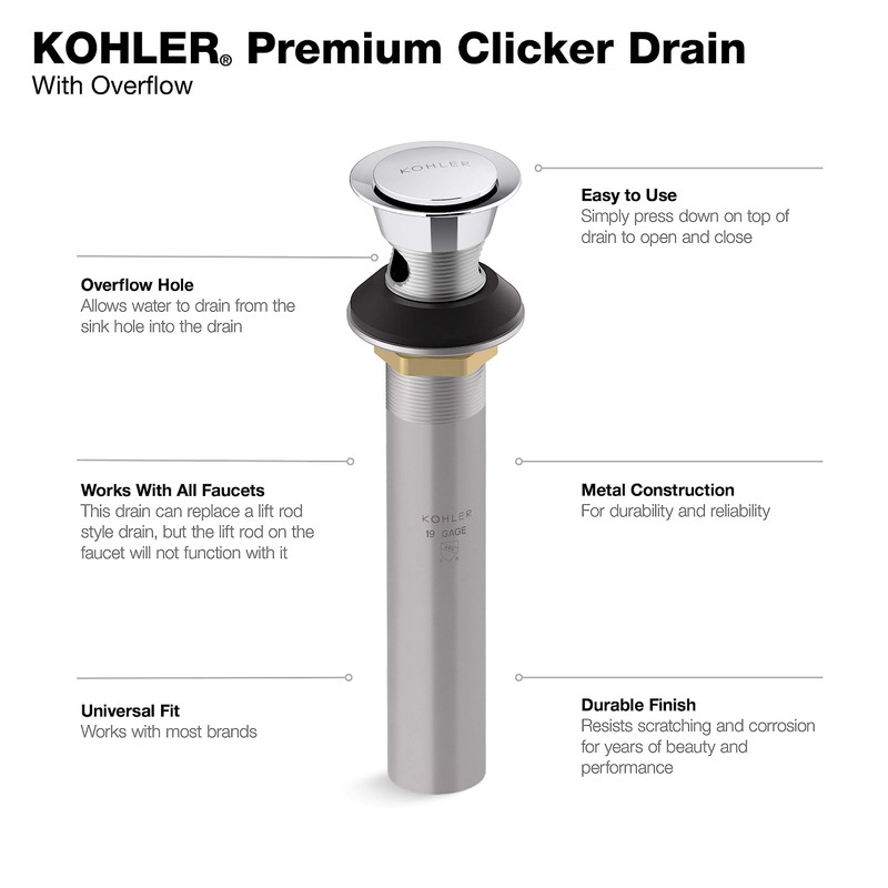 Kohler RH1464524-CP Clicker Drain with Overflow in Polished Chrome