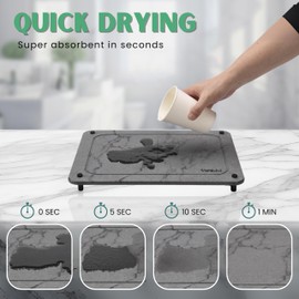 Wobbi Stone Dish Drying Mat for Kitchen Counter with Stainless-Steel Feet & 2 Coasters, Super Absorbent, Heat Resistant, Diatomaceous Stone Drying Mat (15.6'' L x 11.7'' W, Dark Gray)