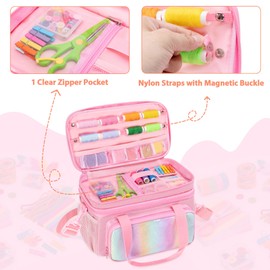 GRAOSO Organizador de costura de doble capa para manualidades, suministros de costura, bolsa de accesorios de costura, caja de costura portátil con asa y correa de hombro desmontable, diseño de