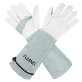 SLARMOR leather Gardening Gloves for Women/Men - Thorn Proof Cowhide Leather Rose/Blackberry Pruning Heavy Duty Garden Gloves Thick Palm Gauntlet Garden Work Gloves with Forearm Protection