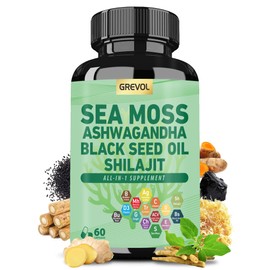 Sea Moss Ashwagandha Shilajit Black Seed Oil, Sea Moss Capsules with Burdock Turmeric Vitamins C & D3 Elderberry Ginger ACV Manuka Dandelion - 60 Count