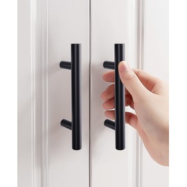 Vepagoo Pack of 5 Furniture Handles, Black 128 mm Hole Spacing Kitchen Handles, Stainless Steel Drawer Handles, Cabinet Handles, Door Handles, Kitchen Round Tube Handles, with 10 Screws (Black, 128