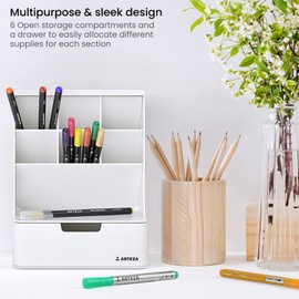 ARTEZA Desktop Pen and Marker Organizer, 6-Compartment White Pen Holder for Desk with Stationery Drawer, Makeup Organizer
