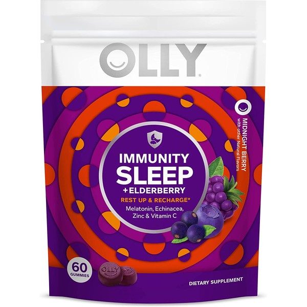 OLLY Immunity Sleep + Elderberry Melatonin Gummy, 30 Day Supply (60 Gummies), Midnight Berry, Elderberry, Echinacea, Zinc and Vitamin C Chewable Supplement Sleep Aid