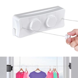 Retractable Clothesline, Extendable Wall, Retractable Washing Line, Wall Mounted, Retractable Clothesline, 5.1 m Stainless Steel Rope, Adjustable Clothesline (White)