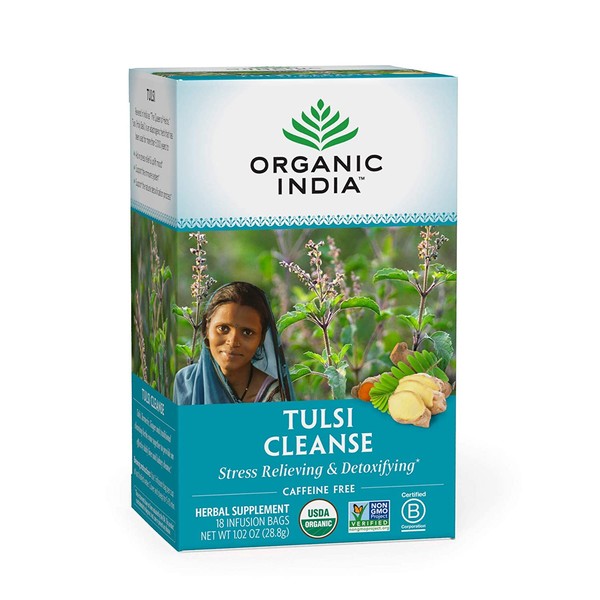 Organic India Tulsi Cleanse Herbal Tea - Stress Relieving & Detoxifying, Immune Support, Adaptogen, Vegan, Gluten-Free, USDA Certified Organic, Non-GMO, Caffeine-Free - 18 Infusion Bags, 1 Pack