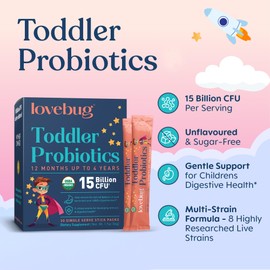 LOVEBUG Kids Probiotic Powder with Prebiotic Fiber - Toddler Immunity Support & Constipation Relief - USDA Organic Probiotics for Childrens Gut & Digestive Health (Ages 1-4) - 60 Pack (Unflavoured)