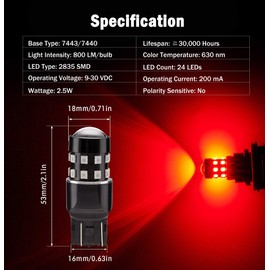 BRISHINE Super Bright 7443 7440 7444 992 T20 LED Bulbs Brilliant Red 9-30V Non-Polarity 24-SMD LED Chipsets with Projector for Brake Tail Lights, Turn Signal Lights(Pack of 2)