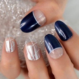 iMABC Press on Nails Black Blue Tips Fake Nail |UV Short Almond-shaped Glitter Sliver White False Nails Design | Glue Acrylic Decoration Manicure Gift for Girls Women Wear 24Pcs