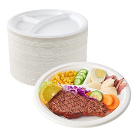ECOLipak 150 Pack Compostable 3 Compartment Plates, 10 inch Heavy-Duty Disposable Biodegradable Paper Plates, Eco-Friendly Sugarcane Bagasse Plates for Party Dinner