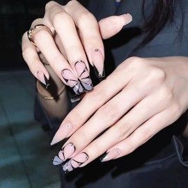 Butterfly Press on Nails Coffin Glue on Nails with Glitter Design Rhinestones Stick on Nails Black Full Cover Glossy Artificial Nails for Women Gifts Reusable Full Cover Gel Nails-24Pcs