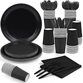 Rabbit Dance 168 Pieces Black Disposable Tableware Party Supplies Set with Paper Plates, Napkins,Forks for Wedding, Birthday Party, Picnic, Barbecue- Serves 24