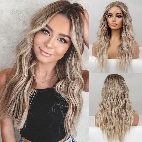 EMMOR Long Ombre Lace Front Wigs for Women 25 inch Natural Wavy Daily Hair Synthetic Lace Wigs Middle Part Hand Tied Durable Lightweight