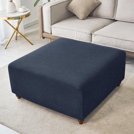 ANWUCHEN Ottoman Cover Square-Stretch Knitted Jacquard Square Ottoman Cover -Soft Square Ottoman Covers Slipcover -Thick Storage Ottoman Cover Foot Stool Cover with Elastic Bottom Medium Blue