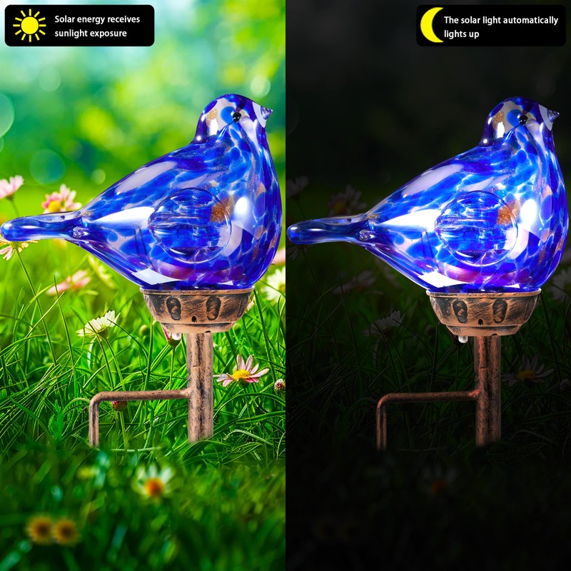 Solar Bird Garden Stake Lights - Hand Blown Glass Decorative