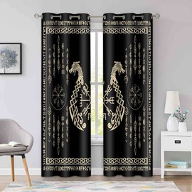 BSPPTI Nordic Vikings Print Curtain, Vegvsir Symbol Twins Dragons Curtains Room Darkening Thermal Insulated Blackout Window Drapes for Living, Bedroom, 42"x 84", 2 Panels, CLZYSP471