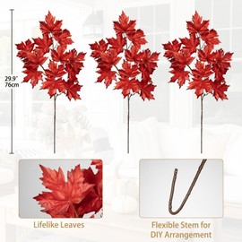 Hollyone Artificial Maple Leaves Branches 3Pcs 30" Fake Fall Maple Shrubs Faux Autumn Maple Leaf Stems Plant for Indoor Outdoor Home Office Table Centerpieces Wedding Thanksgiving Decor