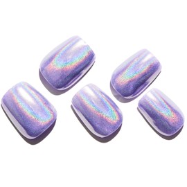 GLAMERMAID Laser Purple Press on Nails Short Square, Rainbow Color Donut Fake Nails Glossy Full Cover Glue on Nails with Design, Medium Chrome Acrylic Nails Art Stick on False Nails Manicure for Women