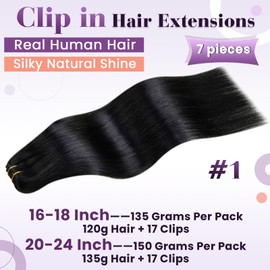LaaVoo Black Hair Extensions Clip in 20 Inch Clip in Hair Extensions Real Human Hair Natural Black 150g 7pcs Full Head Remy Straight Hair Double Weft #1