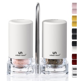 White Salt and Pepper Shakers with Holder - Elegant Stainless Steel Salt Shaker and Pepper Shaker Set with Acrylic Holder for Kitchen Counter or Restaurant Table