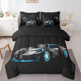 Sports Car 7 Piece Bedding Set Stylish Black Race Car Comforter Set with Sheets for Kids Boys Girls Extreme Sports Theme Bed in a Bag Cool Speed Luxury Car Decor Bed Set with 2 Pillowcases Full