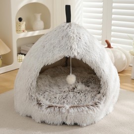 Cat Bed Cave, Cat Houses for Indoor Cats, Cute Cat Bed, Soft Plush Fur Kitten Bed, Fluffy Pet Cave Non-Slip, Anti Anxiety for Small Dogs Kittens(Gradient Coffee, 18"×18"×15")