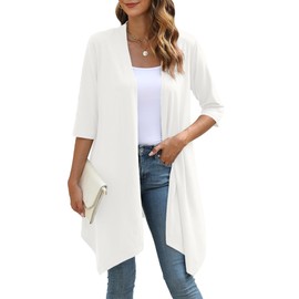 YSYOKOW Women's Open Front Cardigan Lightweight Soft Knit 3/4 Sleeve High-Low Draped Hem Loose Casual Duster(White, XX-Large)